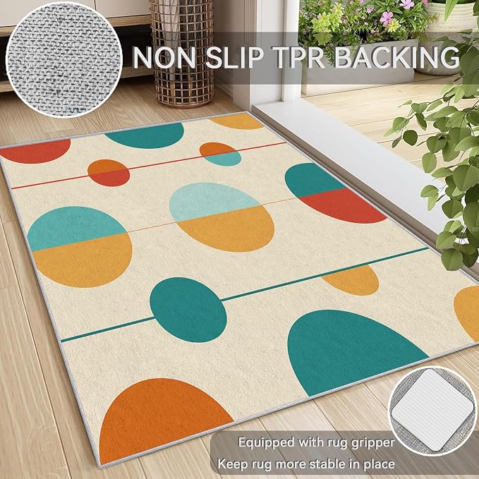 Mid Century Modern Area Rug 5x5, Washable Non Slip Low Pile Abstract Geometric Carpet for Living Room Bedroom Dining Room, Minimalist Retro Circle Accent Rug, Ivory Teal Mustard Orange