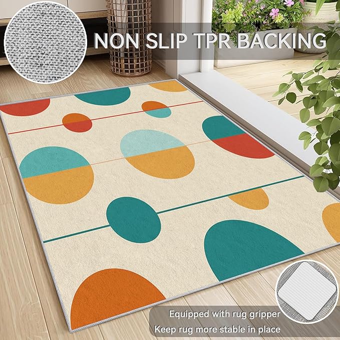 Mid Century Modern Rugs for Bedroom - Washable Colorful Retro Rugs for Living Room - 8x12 ft - Geometric Design Area Rug & Home Decor - Abstract MCM Indoor Carpet with Non Slip Backing