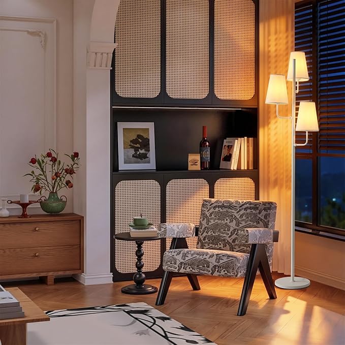 Traditional Floor Lamp for Living Room: 3 Light Linen Country Rustic Floor Lamp for Bedroom, White Standing Lamp with Foot Switch, Country Rustic Tall Lamp, No Bulb
