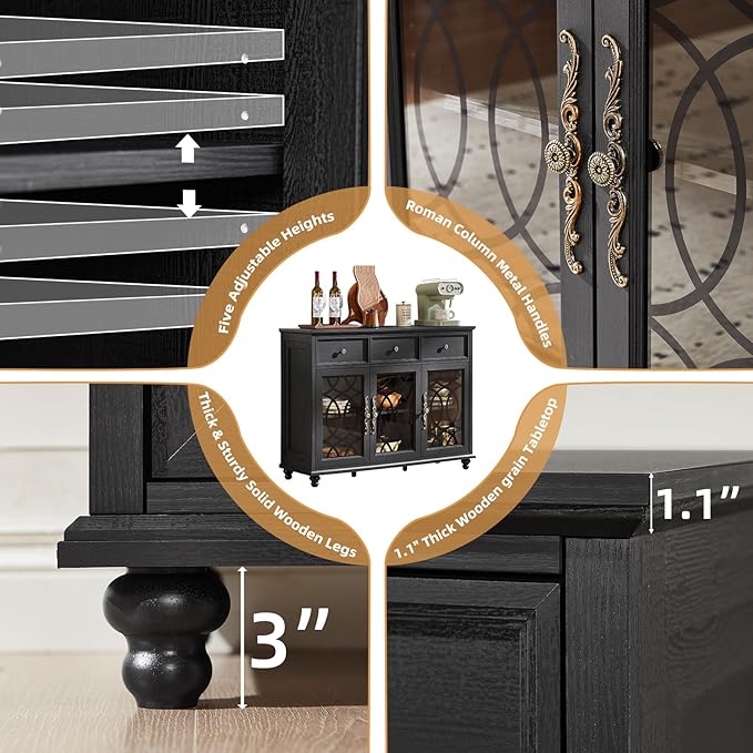 Large Sideboard Buffet Cabinet Set of 2 with Storage,48" Credenza with 3 Glass Doors & 3 Drawers,Adjustable Shelves Coffee Bar,Wood Kitchen Console Table for Dining Room,Black