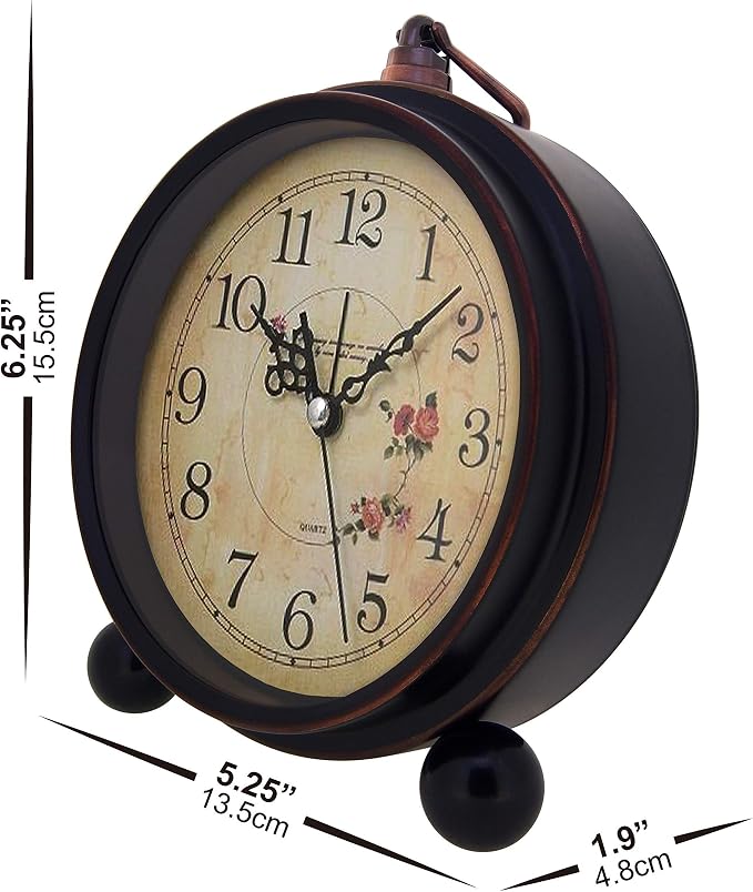 Vintage Analog Alarm Clock, 5.25 inch Small Silent Desk Clock with Night Light, Battery Operated for Table, Bedroom, Bedside, Living Room, Gift Clock (Flower)
