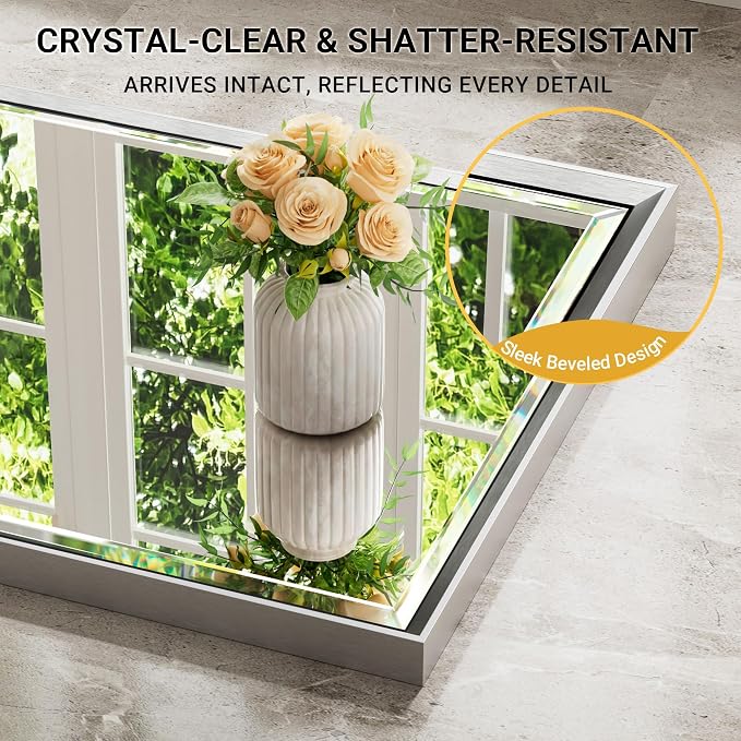 Silver Bathroom Mirror, 24x36 Inch Beveled Vanity Mirror for Wall, Anti-Rust Silver Metal Framed Rectangle Mirror (Vertical/Horizontal)