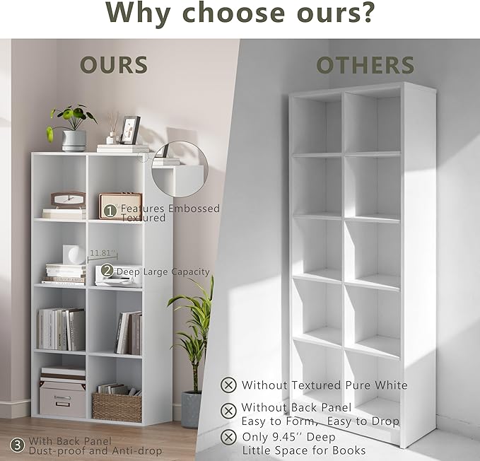 Wooden Storage Organizer with Closed Back Panel, 11in Cube Shelf Opening, Bookshelf, Display Shelf,Closet Cabinet for Home and Office (Embossed White, 8-Cube 47.8L*9.45W*24.09H)