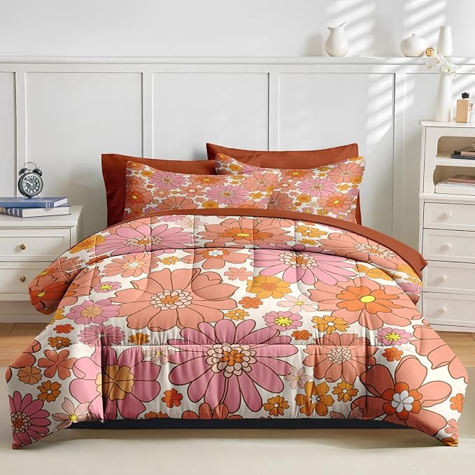 Nesker 7 Pcs Comforter Set Queen Size, Retro Vintage Pink Bedding Set for Kids and Adults, Orange Floral Flower Sheets Bed Sheet Sets with Fitted Sheet 2 Pillowcases & 2 Shams