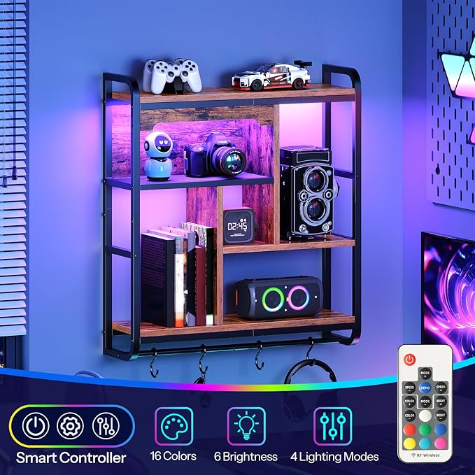 HOOBRO Gaming Floating Shelves with LED Lights, 26.4" LED Wall Mounted Shelf, Modern Corner Shelf 3-Tier Display Rack for Wall Storage, Arched Design, for Living Room, Rustic Brown and Black BF44DBJ01