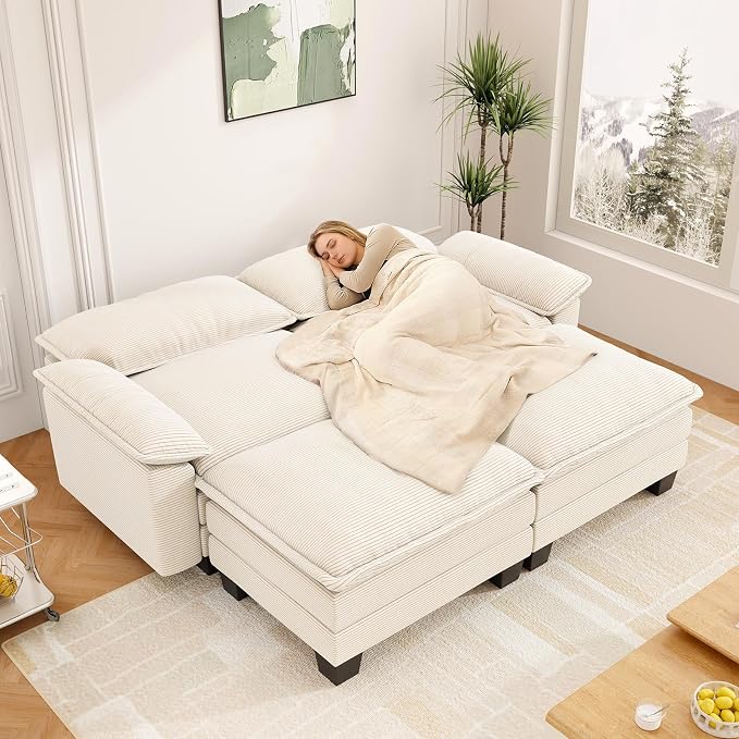 Modular Sectional Sofa Cloud Couch, Comfy Corduroy Loveseat with Ottoman Upholstered Deep Seat Sleeper Sofa Bed 2 Seater Couch Oversized Chaise Lounge Chair Indoor for Living Room Bedroom, Beige