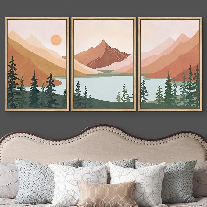 wall26 Framed Canvas Print Wall Art Set Geometric Mountain Forest Lake Abstract Nature Illustrations Modern Art Nordic Decorative Minimal Boho for Living Room, Bedroom, Office - 24"x36"x3 Natural