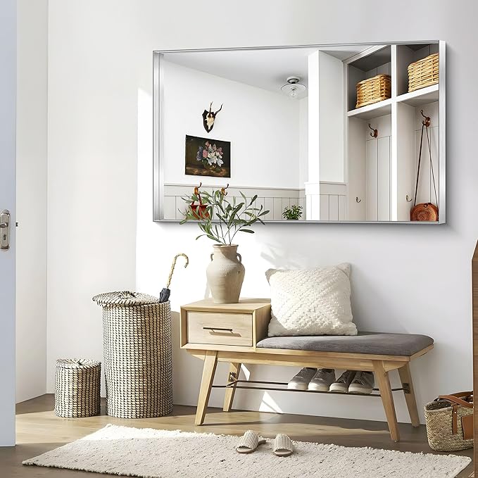 CIRCUMI Silver Bathroom Mirror, 36"x60" Rectangular Mirror with Deep Metal Frame, Brushed Finish, Tempered Glass, Large Mirror for Wall, Over 2 Sinks, Installed Vertically/Horizontally, Crystal-Clear