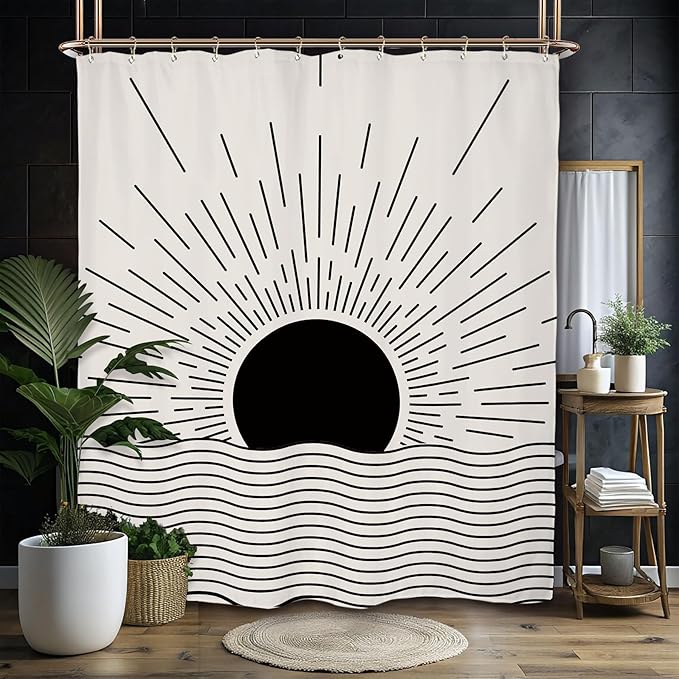 Miyotaa Black Sun Minimalist Shower Curtain Set 60Wx71H Inches Sunrise Sunset Mid Century Vintage Aesthetic Retro Modern Polyester Waterproof Cloth Bathroom Curtain with 12 Hooks