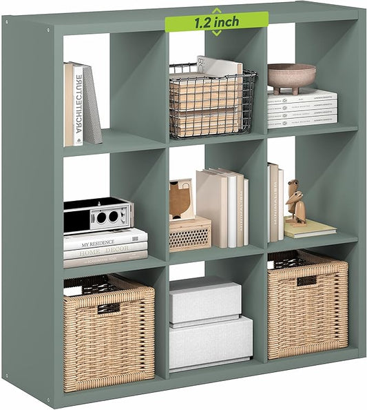 Furinno Cubicle Book Shelf, 9-Cube Bookshelf, Extra Thick Frame Reversible Bookcase with Open Back, 14.6" x 44" x 44", for Living Room, Bedroom, Home Office, Sage Green