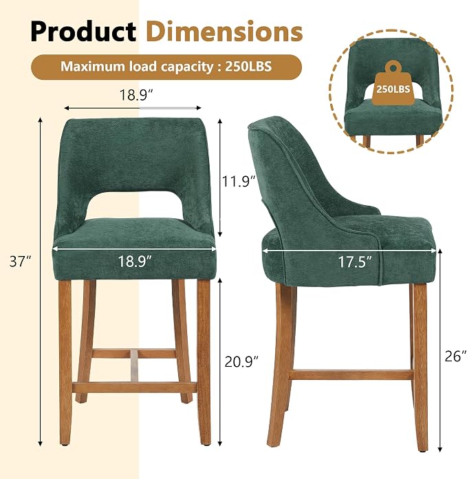 ClinQ Bar Stools Set of 1, 26" H Counter Height Bar Stools with Backs, Modern Upholstered Accent Barstools with H-Shaped Footrest for Kitchen Island, Dining Room and Bar, Green-Walnut Legs