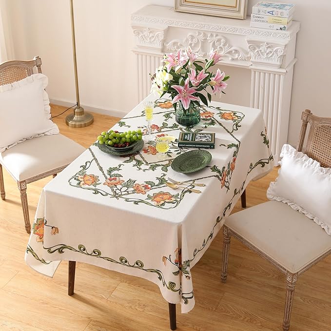 patdrea Designer Vintage Linen Rectangle Tablecloth,French Floral Tablecloths,Wrinkle Free Table Cloth,Decorative Table Cover Cloth for Kitchen,Dining,Tea Party,Home,Christmas,63"*94"