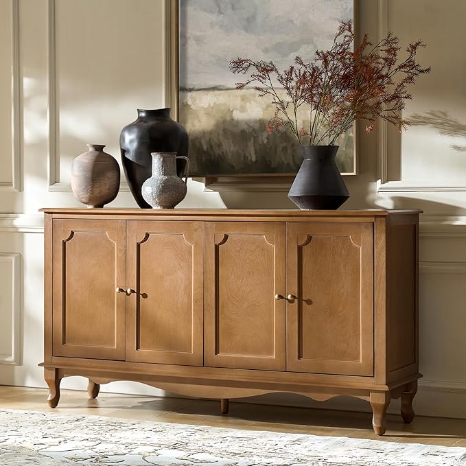 HULALA HOME Sideboard Buffet Cabinet with Storage, 58" Kitchen farmhouse Wood Credenza Storage Cabinet with 4 Doors and 2 Shelves, Accent Console Table with Solid Wood Legs & Adjustable Shelves, Acorn