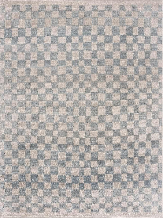 Hauteloom Logic Living Room, Bedroom Area Rug - Checkered Checkerboard Geometric Square - Contemporary Modern Minimalist Transitional Scandinavian - Cream, Silver Blue, Light, Blue, Gray - 2' x 3'