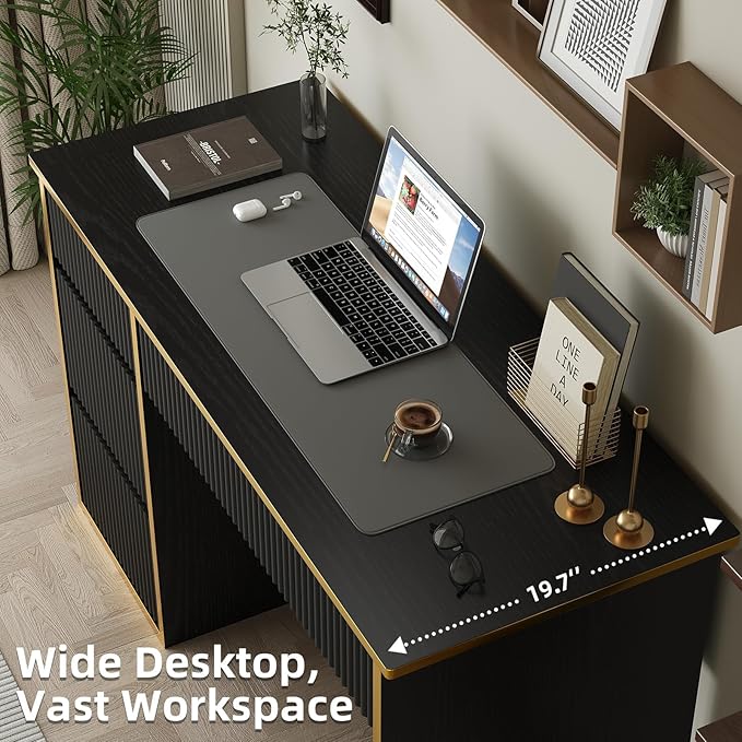 4 EVER WINNER Computer Desk with Drawers, 47'' Fluted Small Desk for Bedroom, Wood Office Desk with File Drawers for Study, Living Room, Black and Gold