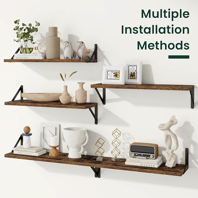 Floating Shelves, 8 Inch Deep Rustic Wood Wall Storage, 16W x 8D Wall Shelves Set of 2, Heavy Duty Metal Brackets, Industrial Book Shelf for Living Room, Kitchen, Bathroom, Bedroom, Brown