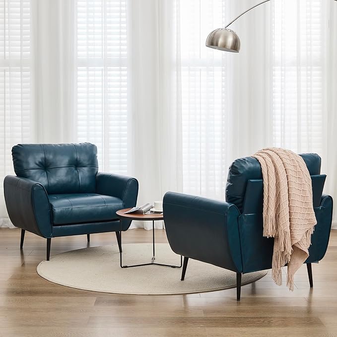 TYBOATLE Accent Chairs Set of 2, Comfy Modern Living Room Blue Faux Leather Reading Accent Chairs Tufted Mid Century Arm Chair Small Salon Chair for Office Bedroom (2, Blue)