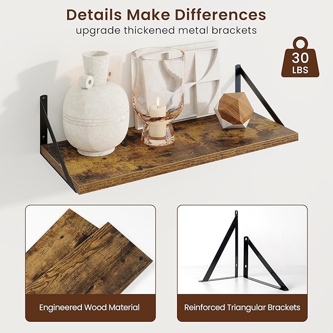 Axeman Deep Floating Shelves | 24 Inch Brown Wall Shelves Set of 2 | 10 Inch Deep Wood Floating Shelves for Wall | 24" W x 10" D Rustic Brown Shelves for Living Room Bathroom Kitchen