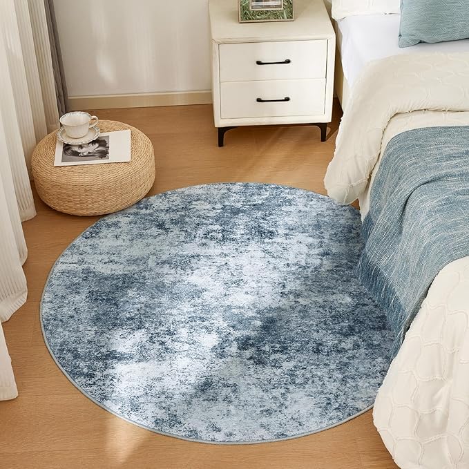 WITSHOCK 6ft Round Area Rug for Living Room: 6x6 Washable Neutral Modern Abstract Soft Thin Rug Indoor Floor No Slip Rug Carpet for Bedroom Under Dining Table Home Office Decor (Blue)
