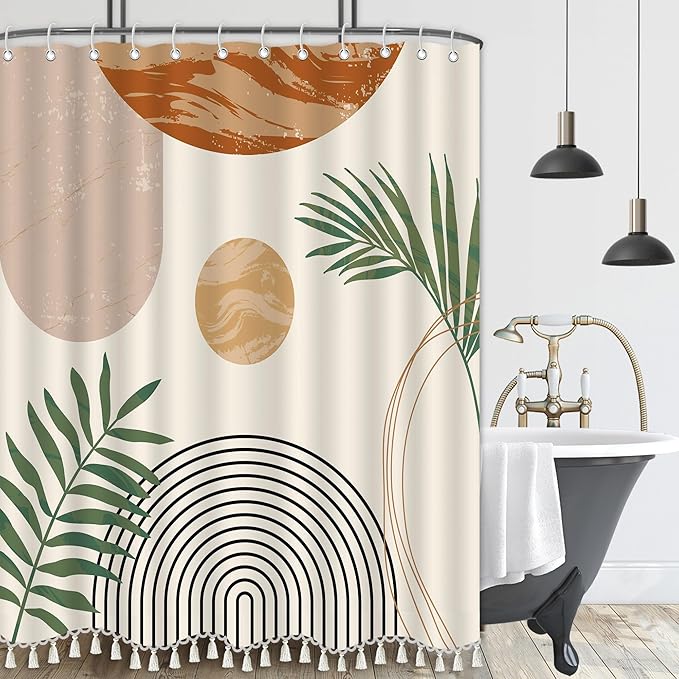 Boho Mid Century Leaf Shower Curtain Set,Arch Sun Design,Minimalistic Leaves Pattern,Waterproof and Luxurious Fabric-12 Hooks(Beige-72" x 78")