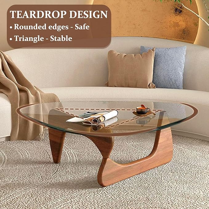 Glass Coffee Table, 44.9"×32.3"×15.8" Mid Century Modern Center Table with Triangle Tempered Glass Top, for Living Room Office Apartment