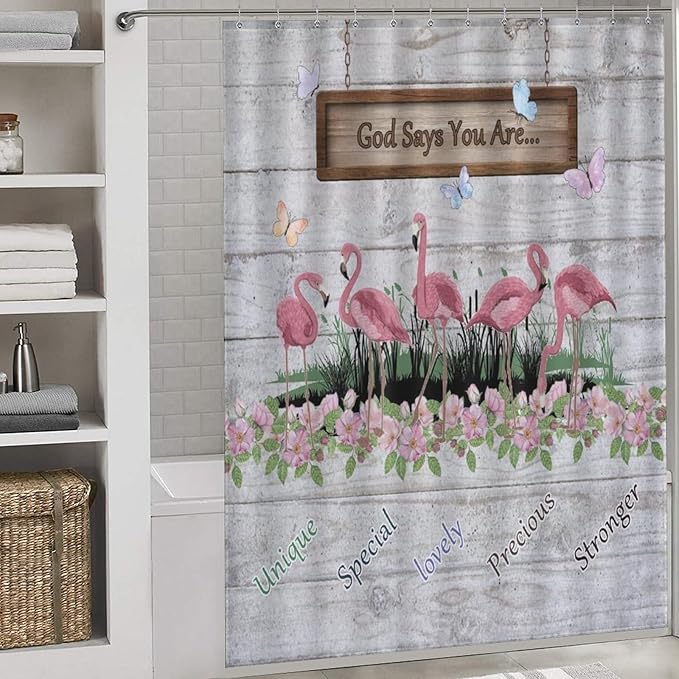 Flamingo Shower Curtain,Summer Beach Tropical Leaves Butterflys Floral with Inspirational Quotes Waterproof Shower Curtains for Bathroom Decor 12 Pack Hooks 66x72in（168x183cm）