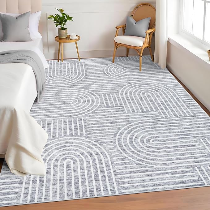Washable Rug 4x6 Area Rugs for Living Room, Abstract Rug for Bedroom, Soft Rainbow Non Slip Throw Rugs with Rubber Back, Low Pile Stain Resistant Boho Geometric Carpet for Dining Room, Ash