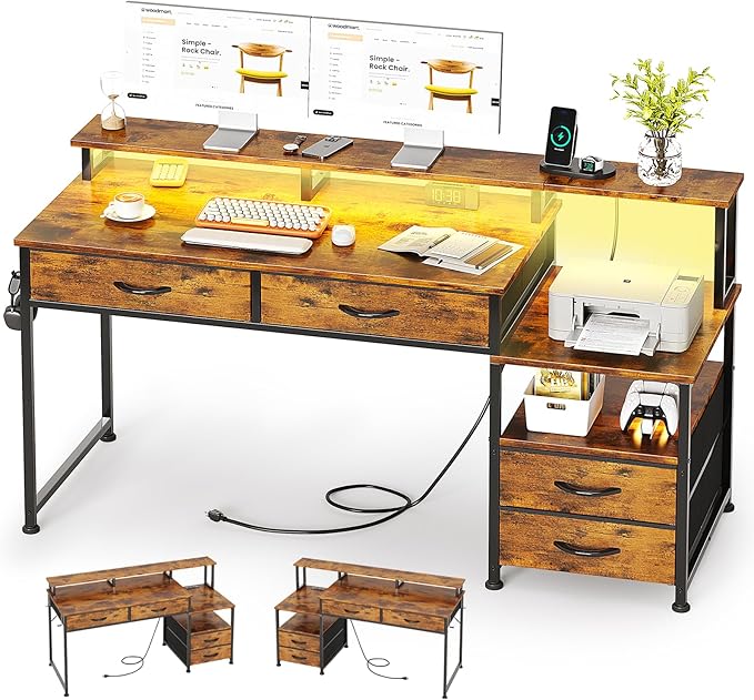 53" Computer Desk with 4 Drawers & Power Outlets, Reversible Home Office Desk with Monitor Stand & Printer Stand, Gaming Desks with Led Lights, Study Writing Work Desks Table for Bedroom, Vintage