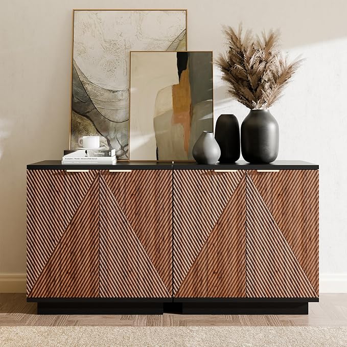 Walsham Buffet Cabinet Sideboard, 63" Fluted Accent Storage Cabinet with Doors and Shelves, Credenza Cupboard Console for Living Room Kitchen Hallway, Walnut