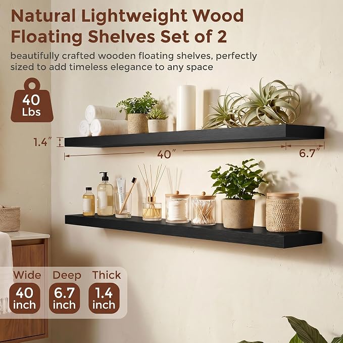 fuqing 40 Inch Floating Shelves | 6.7 Inch Deep Black Shelves for Wall Set of 2 | 40''W x 6.7''D x 1.4''H Black Wood Shelves for Living Room Bathroom Bedroom Kitchen Home Office