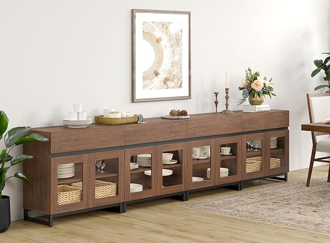 WAMPAT 4 in 1 Multifunctional Sideboard Buffet Cabinets with 8 Glass Doors and 4 Drawers, Modern Sideboard Credenza with Metal Base, Coffee Bar Storage Cabinet for Living Room, Kitchen, Brown
