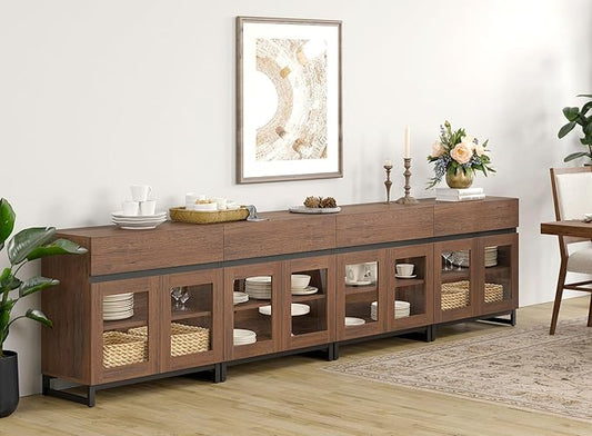 WAMPAT 4 in 1 Multifunctional Sideboard Buffet Cabinets with 8 Glass Doors and 4 Drawers, Modern Sideboard Credenza with Metal Base, Coffee Bar Storage Cabinet for Living Room, Kitchen, Brown