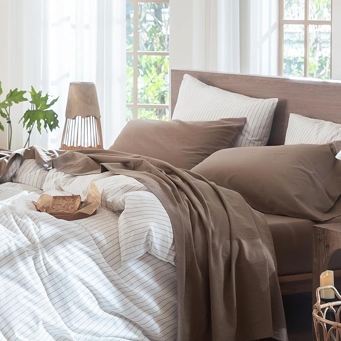 MooMee Bedding Sheet Set 100% Washed Cotton Linen Like Textured Breathable Durable Soft Comfy (Solid Brown, Twin)