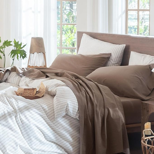 MooMee Bedding Sheet Set 100% Washed Cotton Linen Like Textured Breathable Durable Soft Comfy (Solid Brown, Twin)