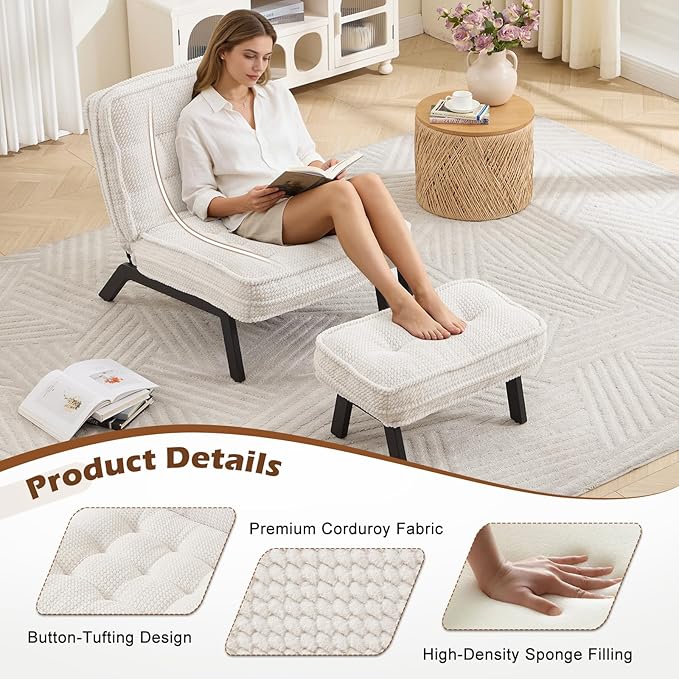 ANJ Accent Chair with Ottoman Adjustable Backrest, Beige Living Room Chair Tufted Upholstered Lounge Chair with Footrest Set, Modern Chair Cozy Reclining Chair for Reading Room Bedroom