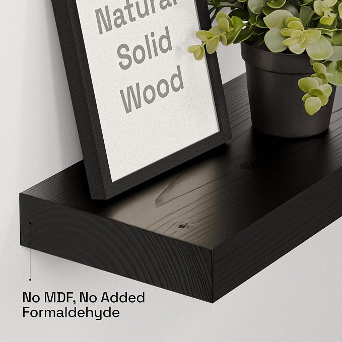 BAOBAB WORKSHOP Wood Floating Shelves for Bathroom Wall - Black Shelf 16 inch - Solid Wood Shelves for Wall for Bedroom Kitchen Living Room - Black Floating Shelves - 16 x 6.7 Inch, Set of 2