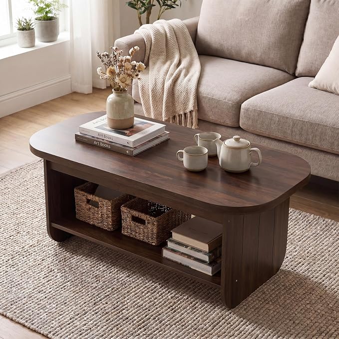 Giantex Oval Coffee Table, 47" Mid Century Modern Center Table with Storage Shelf & Round Corner, 2-Tier Accent Cocktail Tea Table, Wood Coffee Table for Living Room, Small Spaces (Espresso)