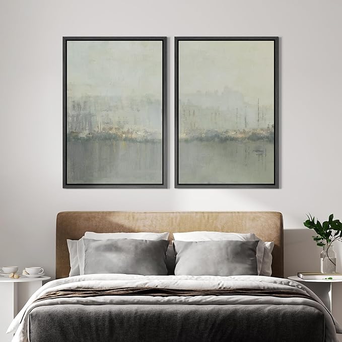 IDEA4WALL Framed Canvas Print Wall Art Set Abstract Skyline Cityscape Art in Muted Gray and Soft Blue Tones Illustrations Modern Art Decorative Coastal Cottage Seascape for Bedroom - 24"x36"x2 Black