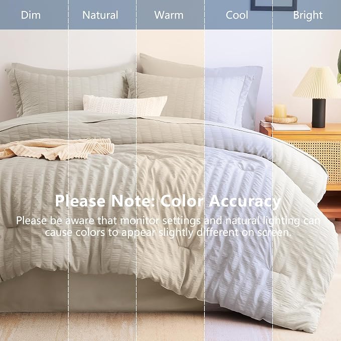 CozyLux Oversized King Comforter Set with Sheets, 7 Pieces 120"x98" Beige Seersucker Bed in a Bag, Luxury Soft Bedding Sets with Down Alternative Comforter, Sheets, Pillowcases & Shams, Home Gift