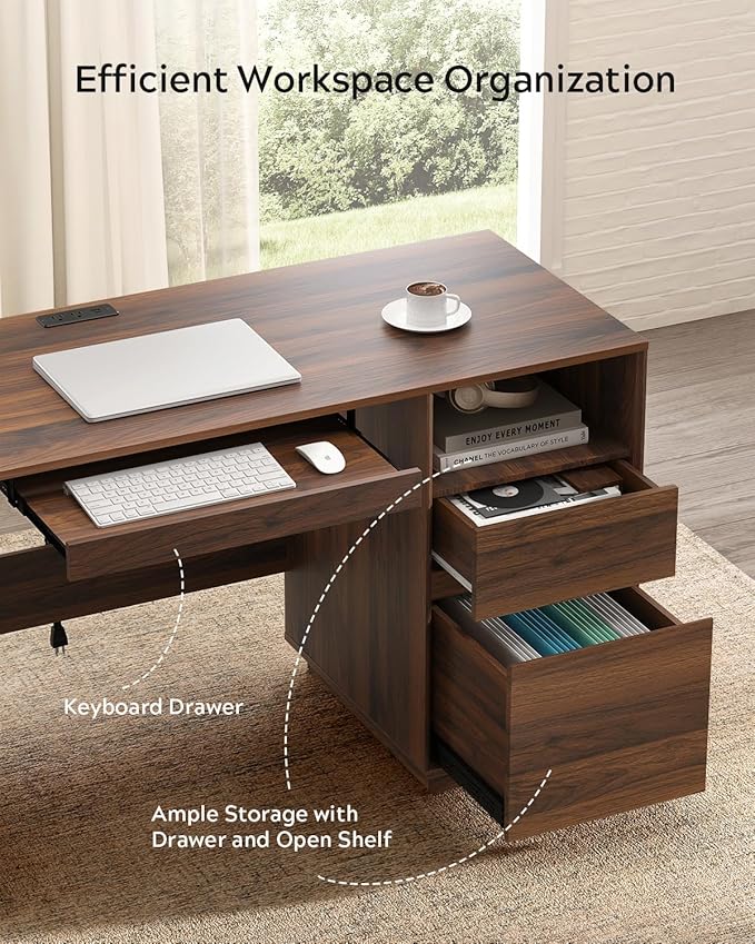 EYYTHUNG 47" Office Desk, Home Office Desk with File Drawer & Open Storage & Power Outlet, Large Wooden Executive Desk for Study Writing, Brown