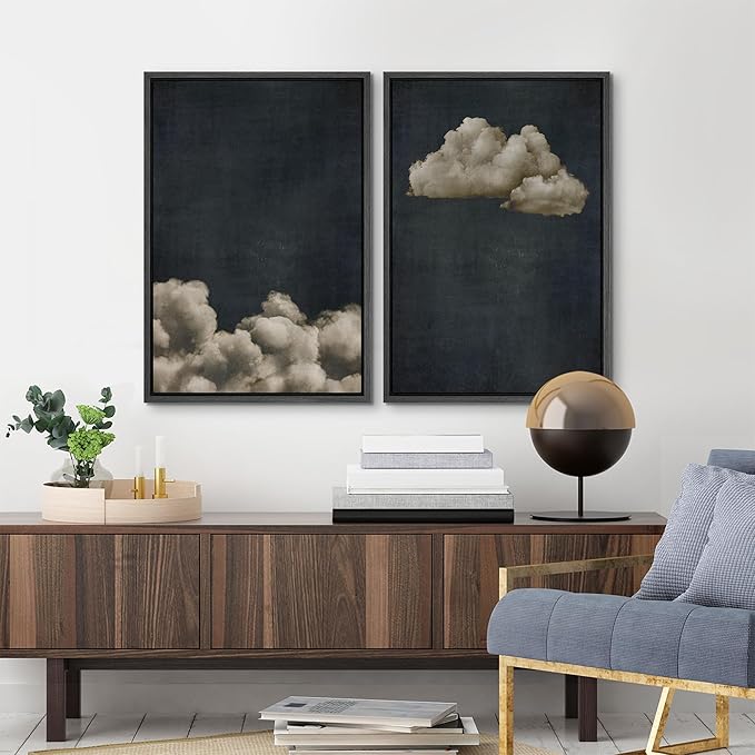 MUDECOR Framed Canvas Print Wall Art Vintage Cloudscape Dark Moody Sky with Floating Clouds Illustrations Modern Art Decorative Chic for Living Room, Bedroom, Office - 24"x36"x2 Black