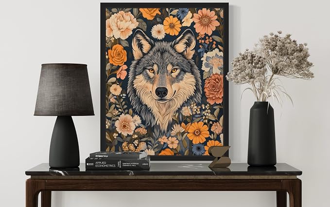 Wolf Art Print Poster, William Morris Style Retro Mid Century Botanical Victorian Dark Academia Gothic Decor Gallery 10b (Wolf, 18 x 24 inches, Black Frame)