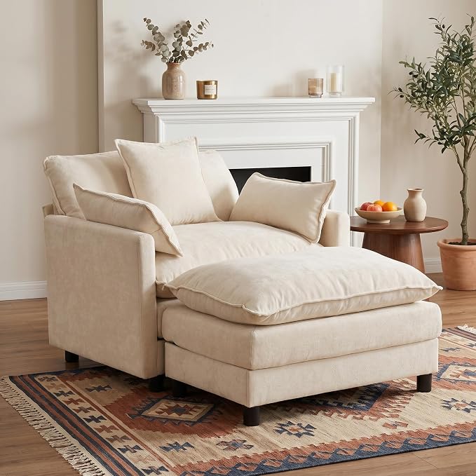 Oversized Accent Chair with Ottoman, Chenille Cloud Single Sofa Upholstered Double-Layer Seat Lounge Armchair with Pillows for Living Room Reading Apartment, Beige