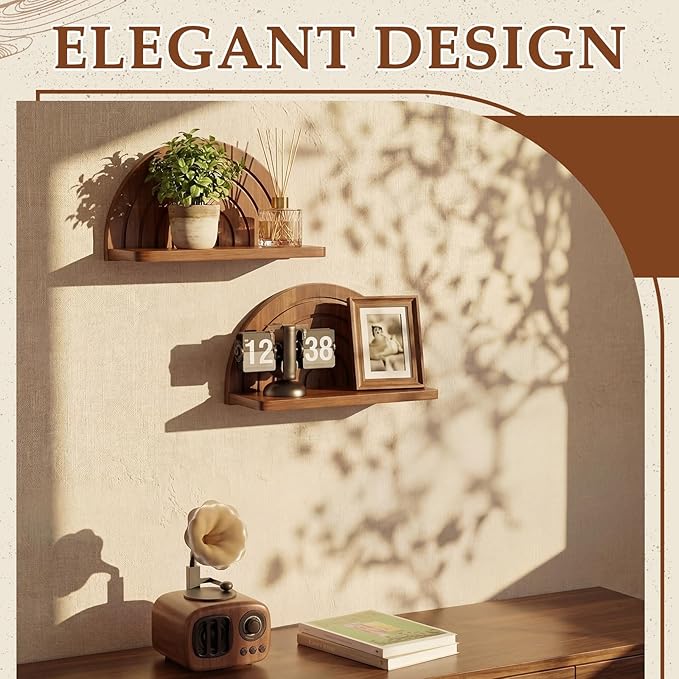 AceOrbit 2 Pcs Boho Wooden Arched Wall Shelf Mid Century Modern Shelf Hanging Plant Display Shelves Floating Half Round Rainbow Shelves for Bedroom Bathroom Hallway Balcony Decoration (Dark Brown)