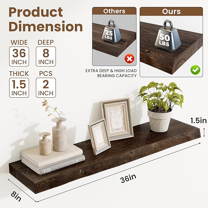 Extra Deep 36" Long Live Edge Rustic Floating Shelves for Wall, Solid Wood Wall Shelves with Invisible Bracket Mount for Living Room Bathroom Bedroom Kitchen, Set of 2, Natural