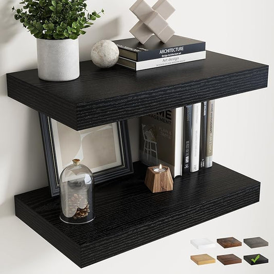 24 Inch Floating Shelves for Wall Set of 2, 12"D Wood Grain Bathroom Shelves with Invisible Brackets, Easy Install Engineered Wood Storage Shelves for Kitchen, Living Room, Bedroom, Black Finish