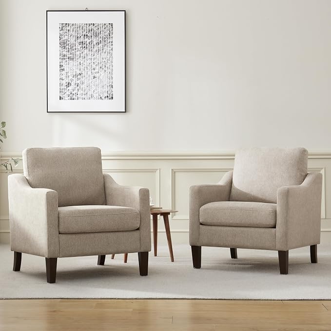 VKNOW Mid Century Modern Accent Chair, Upholstered Living Room Chairs Armchair for Bedroom, Comfy Reading Accent Chairs with Wood Legs for Living Room (1, Brown)