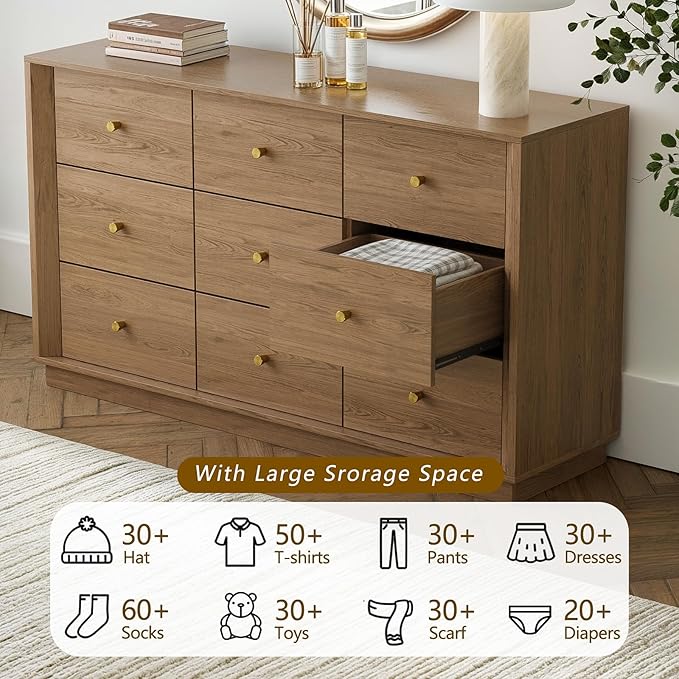 9 Drawer Dresser, Mid Century Modern Dresser with Storage, 55" Wide Chest of Drawers with Wood Grain Texture, Dressers TV Stand for Bedroom, Living Room, Hallway, Walnut