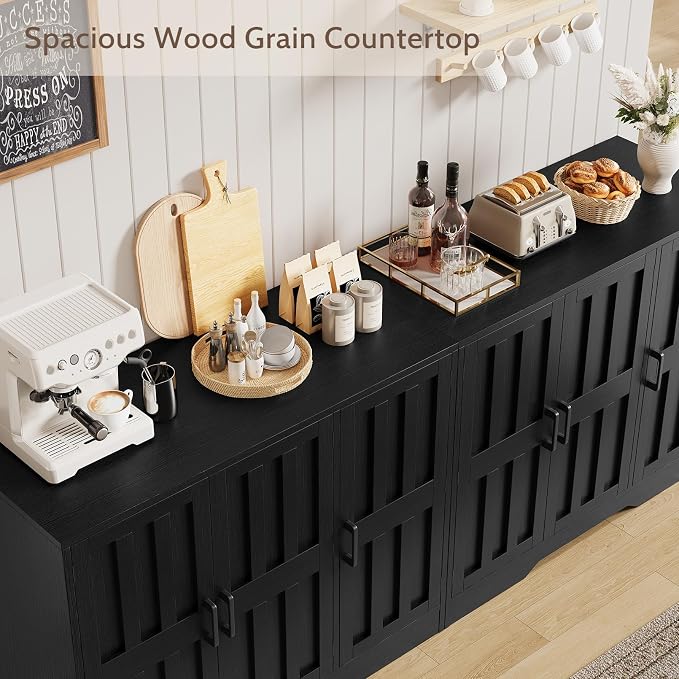 Modern Farmhouse Buffet Cabinet with Storage, 85" Large Sideboard Storage Cabinet with 6 Barn Doors, Coffee Liquor Bar Cabinet Wood Table Credenza with Adjustable Shelf for Kitchen Dining Living Room