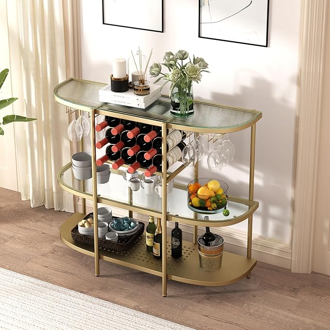O&K FURNITURE Home Bar Table with Wine Racks, 3 Tier Wine Bar Table with Glass Holders, Wine Cabinet with Open Shelf, Liquor Bar Coffee Bar Table for Living Room Kitchen, Gold